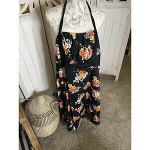 Vintage Torrid Dress Retro Black Halter Rockabilly Floral Cotton Size 20
